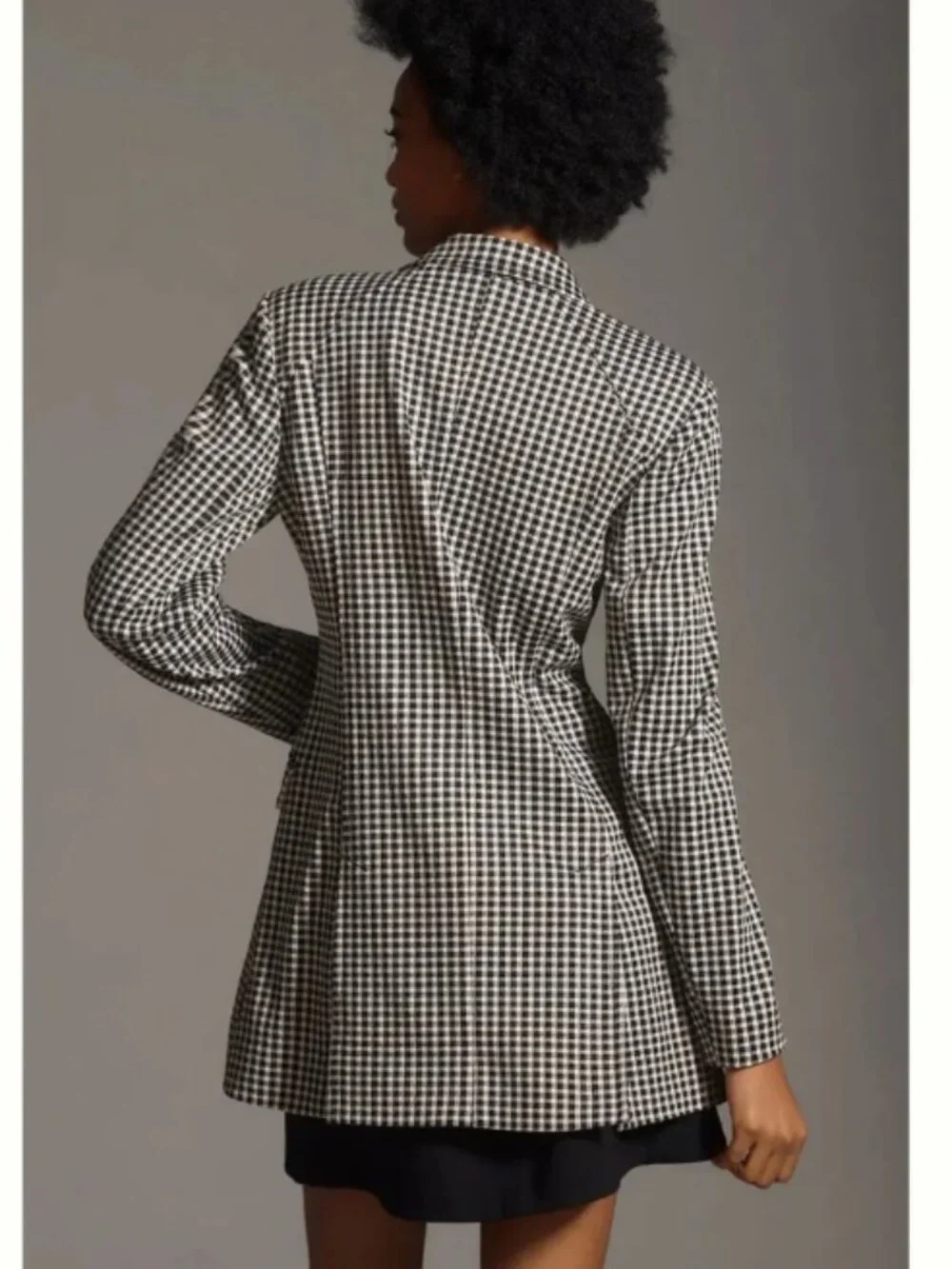 Maeve Anthropologie Long Blazer S Black White Gingham Oversized Double Breasted